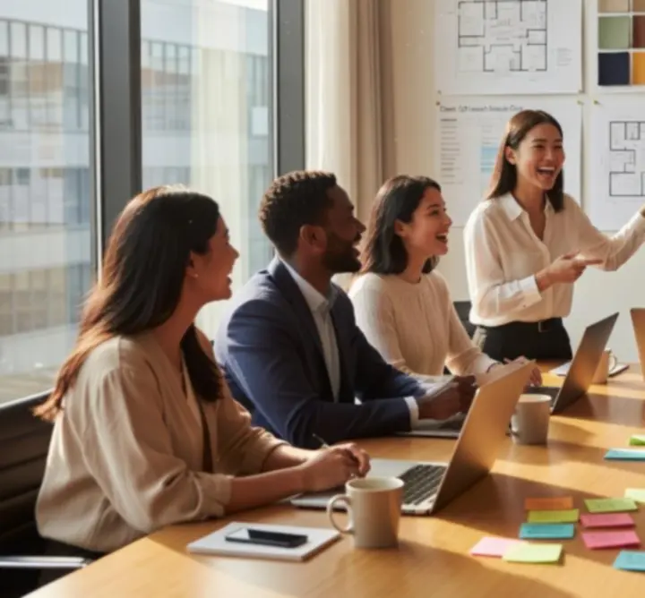 Grupa osób dyskutująca o koncepcji wydarzenia przy stole