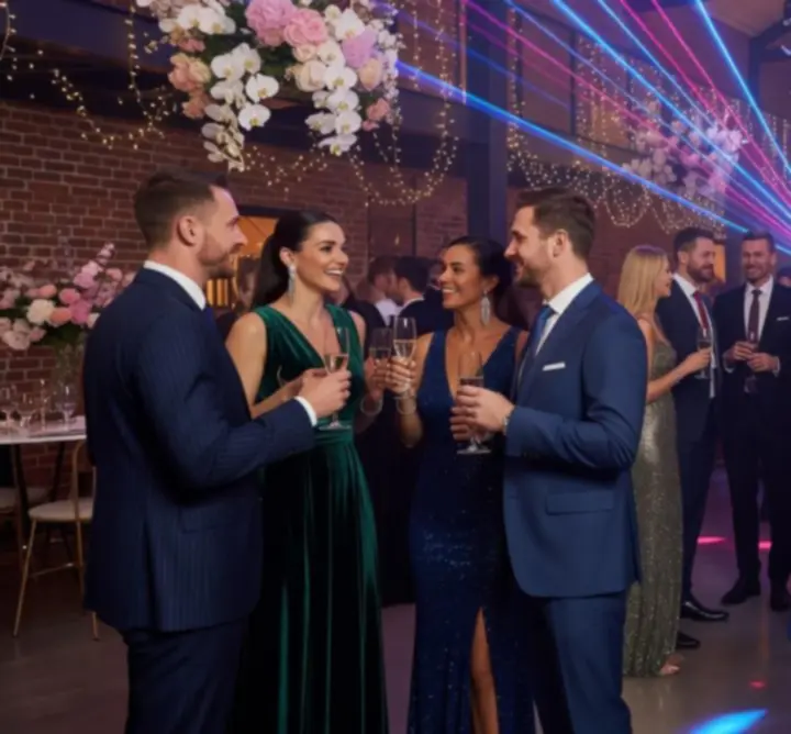 Dynamiczna scena wydarzenia z kolorowym oświetleniem i bawiącymi się uczestnikami