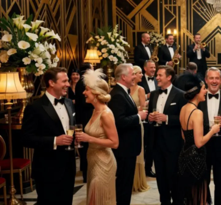 Impreza w stylu Wielkiego Gatsby’ego z elegancko ubranymi gośćmi i klimatycznym oświetleniem