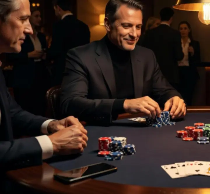 Stół pokerowy z krupierem i uczestnikami biorącymi udział w wieczorze pokerowym