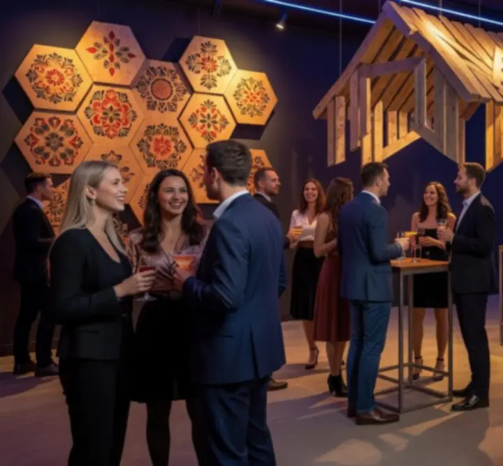 Dynamiczna scena imprezy tematycznej z oświetleniem i bawiącymi się uczestnikami